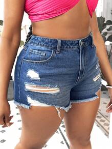 SHEIN 大碼破洞毛邊牛仔短褲 - 中等水洗藍 - 查看 4