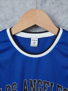 SHEIN Leap Crew Tween Boy字母圖形對比邊繡花背心和短褲套裝 - 寶藍色 - 查看 4