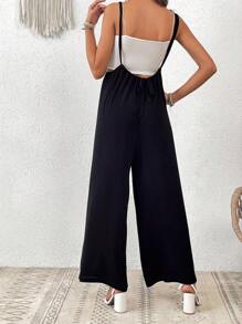 SHEIN VCAY 素色闊腿背帶連體褲不附吊帶上衣 - 黑色 - 查看 2