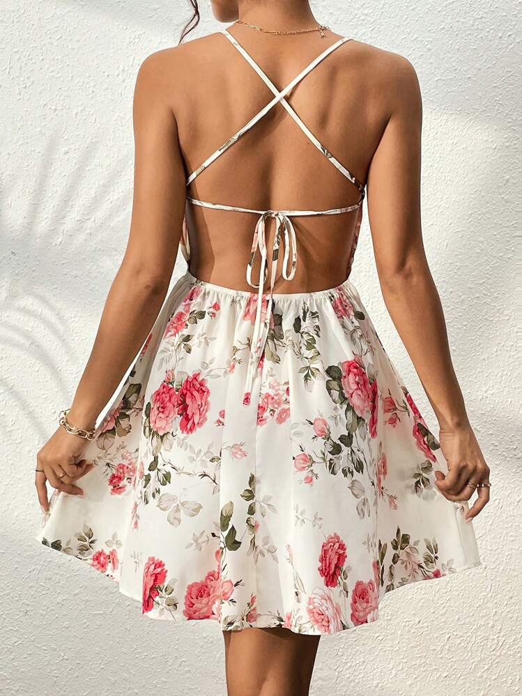 SHEIN VCAY Floral Print Criss Cross Tie Backless Cami Dress - Multicolor - View 1