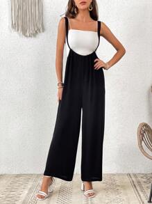 SHEIN VCAY 素色闊腿背帶連體褲不附吊帶上衣 - 黑色 - 查看 5