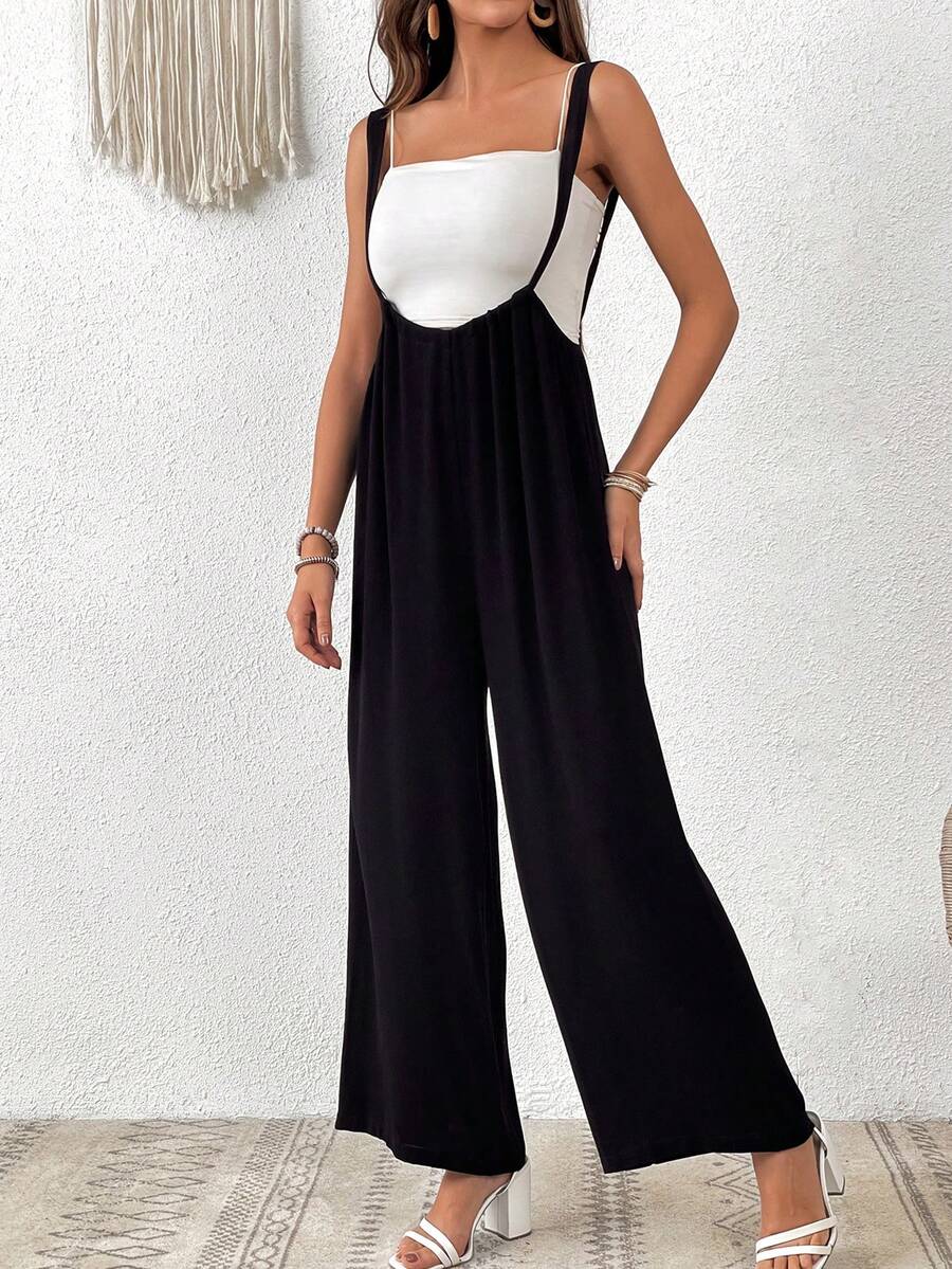 SHEIN VCAY 素色闊腿背帶連體褲不附吊帶上衣 - 黑色 - 查看 1