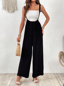 SHEIN VCAY 素色闊腿背帶連體褲不附吊帶上衣 - 黑色 - 查看 6