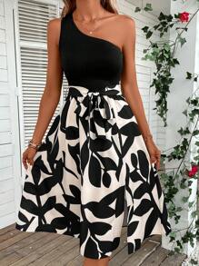 SHEIN LUNE Đầm Maxi Thắt Lưng Một Vai In Hình Cây Cối Trang Phục Cho Nữ - Nhiều màu - Xem 4