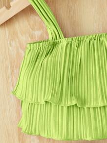 SHEIN 嬰兒女孩休閒2件套裝：分層細肩帶上衣和彈性腰短褲，適用於夏季 - 青檸色 - 查看 4