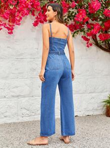SHEIN VCAY Zip Up Belted Cami Denim Jumpsuit - Medium Wash - View 3