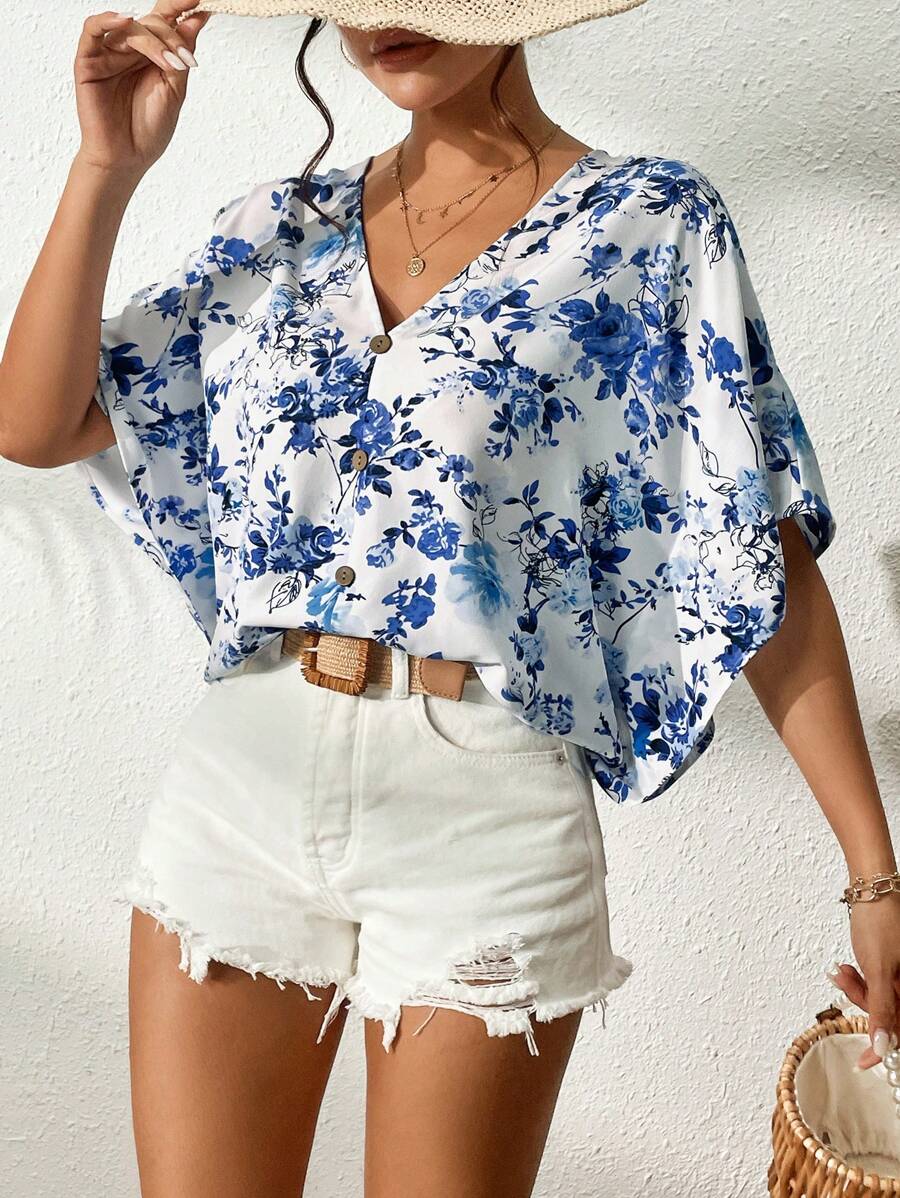 SHEIN VCAY Áo sơ mi nữ Nút phía trước Hoa Tất cả trên in Boho - Xanh và trắng - Xem 1