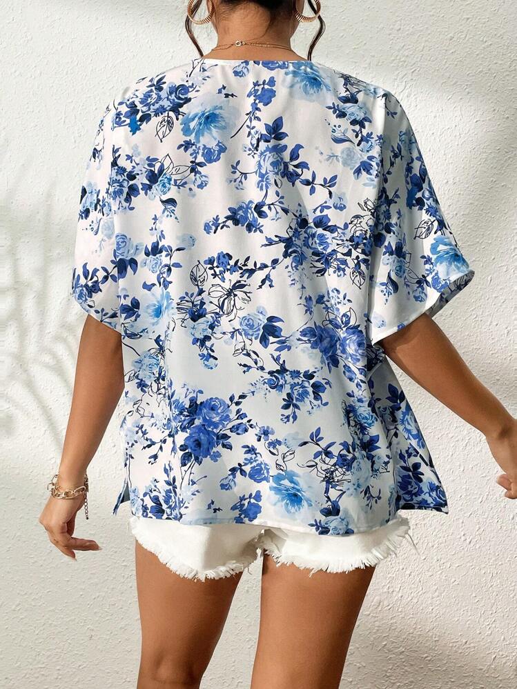 SHEIN VCAY Boho Bloemen Volledig geprint Blouse Voorpand met Knoopjes - Blauw en wit - Bekijken 2