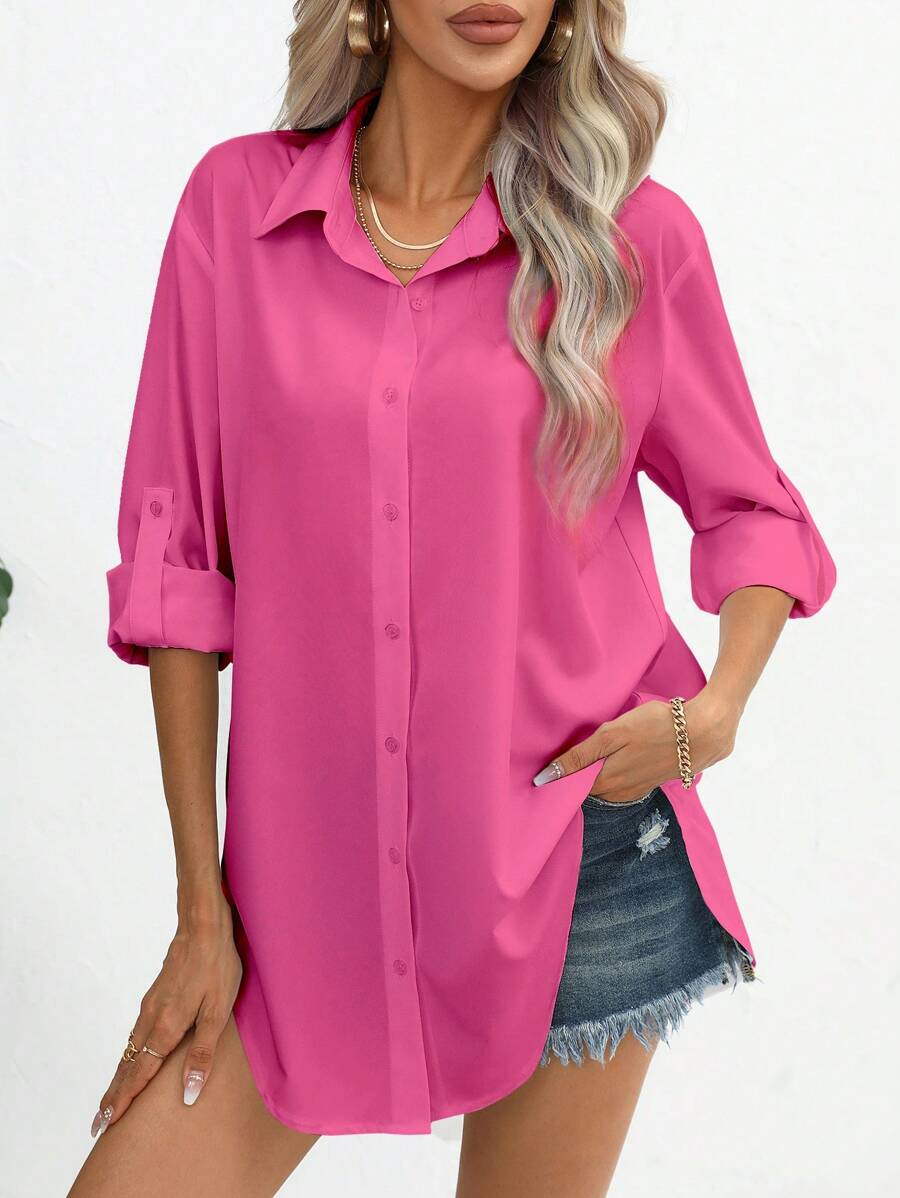 SHEIN Essnce Áo sơ mi nữ Nút phía trước màu trơn Giải trí - Màu Hồng Tươi - Xem 1