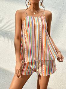 SHEIN VCAY Striped Print Cami Top & Shorts - Multicolor - View 5