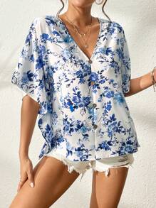 SHEIN VCAY Áo sơ mi nữ Nút phía trước Hoa Tất cả trên in Boho - Xanh và trắng - Xem 5