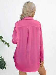 SHEIN Essnce Áo sơ mi nữ Nút phía trước màu trơn Giải trí - Màu Hồng Tươi - Xem 2