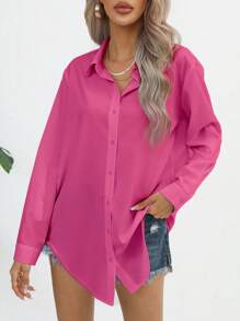 SHEIN Essnce Áo sơ mi nữ Nút phía trước màu trơn Giải trí - Màu Hồng Tươi - Xem 3