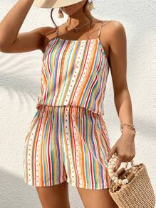 SHEIN VCAY Striped Print Cami Top & Shorts - Multicolor - View 1