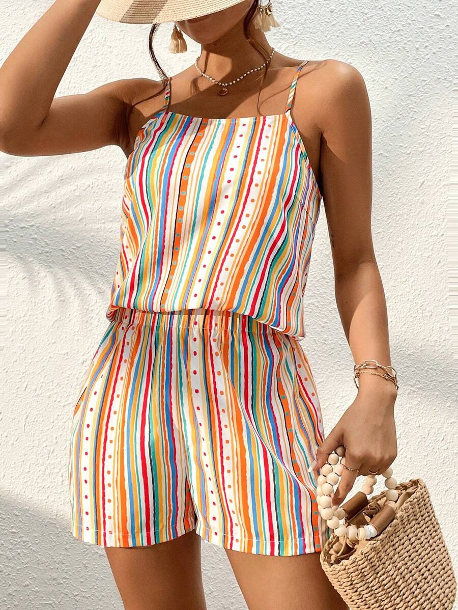 SHEIN VCAY Striped Print Cami Top & Shorts - Multicolor - View 1