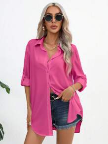 SHEIN Essnce Áo sơ mi nữ Nút phía trước màu trơn Giải trí - Màu Hồng Tươi - Xem 6