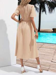 GENKIRA 素色A字連衣裙 - 卡其色 - 查看 2