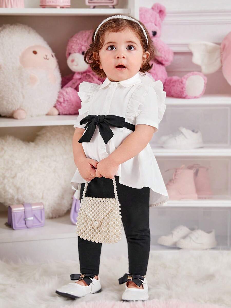 SHEIN Áo Bé Gái Dệt Kim Kèm Thắt Lưng Và Quần Dệt Kim - Đen và trắng - Xem 1
