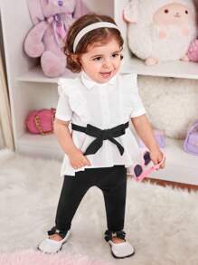 SHEIN Áo Bé Gái Dệt Kim Kèm Thắt Lưng Và Quần Dệt Kim - Đen và trắng - Xem 4