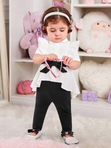 SHEIN Áo Bé Gái Dệt Kim Kèm Thắt Lưng Và Quần Dệt Kim - Đen và trắng - Xem 5