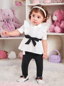 SHEIN Áo Bé Gái Dệt Kim Kèm Thắt Lưng Và Quần Dệt Kim - Đen và trắng - Xem 6