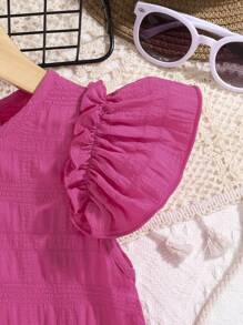 SHEIN Young Girl Plain Color Jacquard Short Cap Sleeve Casual Mini Dress