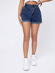 Roll Up Hem Denim Shorts - Dark Wash - View 4