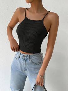 SHEIN Essnce 素色針織吊帶短上衣 - 黑色 - 查看 3