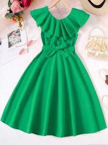 SHEIN 青少年女孩荷葉邊繫腰帶連衣裙 - 綠色 - 查看 1