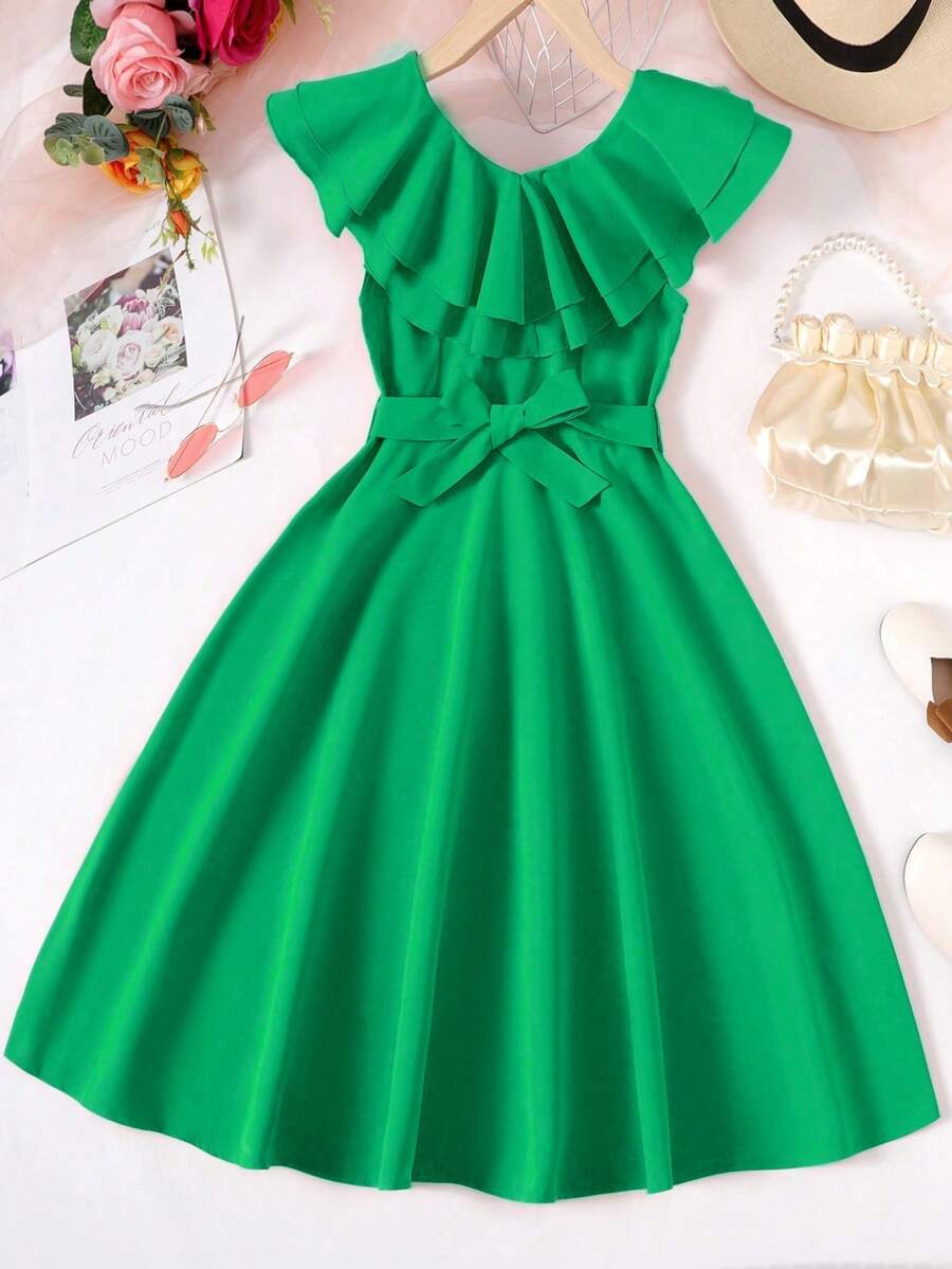 SHEIN 青少年女孩荷葉邊繫腰帶連衣裙 - 綠色 - 查看 1