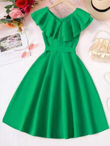 SHEIN 青少年女孩荷葉邊繫腰帶連衣裙 - 綠色 - 查看 2