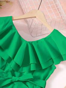 SHEIN 青少年女孩荷葉邊繫腰帶連衣裙 - 綠色 - 查看 3