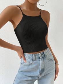 SHEIN Essnce 素色針織吊帶短上衣 - 黑色 - 查看 5