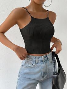 SHEIN Essnce 素色針織吊帶短上衣 - 黑色 - 查看 6