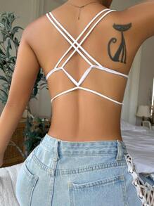 Solid Criss Cross Backless Bralet - White - View 1