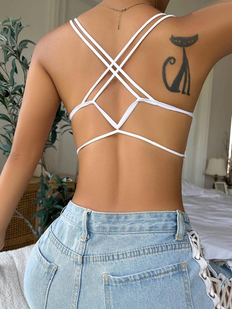 Solid Criss Cross Backless Bralet - White - View 1