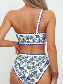 SHEIN Swim Paisley Print Whip Stitch One Shoulder Bikini Set,Summer Beach - Blue - View 2
