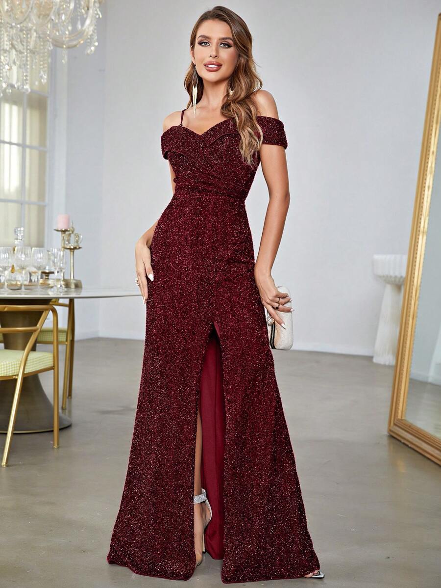 Cold Shoulder Split Thigh Glitter Formal Dress - Burgundy - View 1
