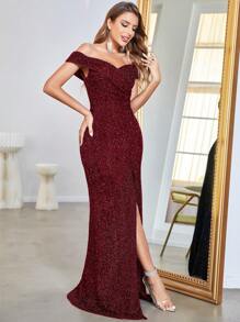 Cold Shoulder Split Thigh Glitter Formal Dress - Burgundy - View 3