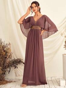 Tương phản Sequin áo tay bướm Chiffon Váy phù dâu - Gỗ đỏ - Xem 1
