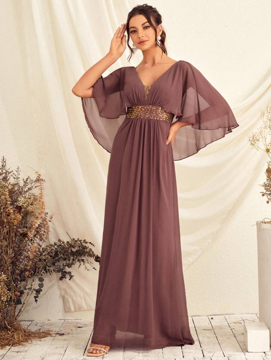 Tương phản Sequin áo tay bướm Chiffon Váy phù dâu - Gỗ đỏ - Xem 1