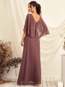 Tương phản Sequin áo tay bướm Chiffon Váy phù dâu - Gỗ đỏ - Xem 2