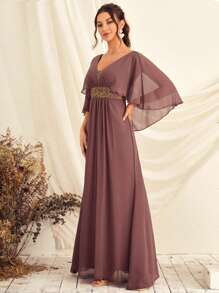 Tương phản Sequin áo tay bướm Chiffon Váy phù dâu - Gỗ đỏ - Xem 3