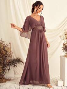 Tương phản Sequin áo tay bướm Chiffon Váy phù dâu - Gỗ đỏ - Xem 5