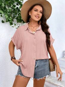 SHEIN LUNE Plus Batwing Sleeve Button Front Shirt - Dusty Pink - View 4