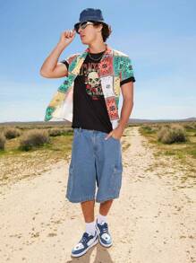 Manfinity EZcore 宽松男式翻盖口袋侧边工装牛仔短裤 - 中等水洗藍 - 查看 4