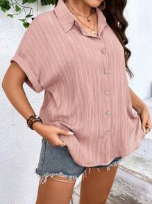 SHEIN LUNE Plus Batwing Sleeve Button Front Shirt - Dusty Pink - View 6