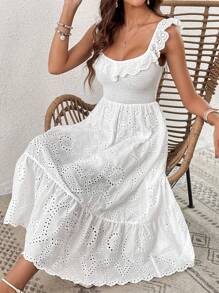 SHEIN VCAY Vestido con bordado con ojal ribete con fruncido bajo con fruncido - Blanco - Ver 1