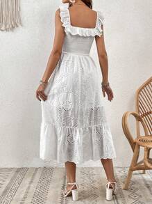 SHEIN VCAY Vestido con bordado con ojal ribete con fruncido bajo con fruncido - Blanco - Ver 2