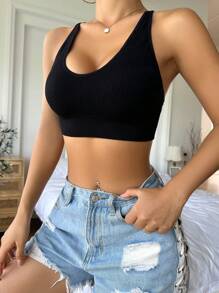 Criss Cross Backless Crop Cami Top - Black - View 5